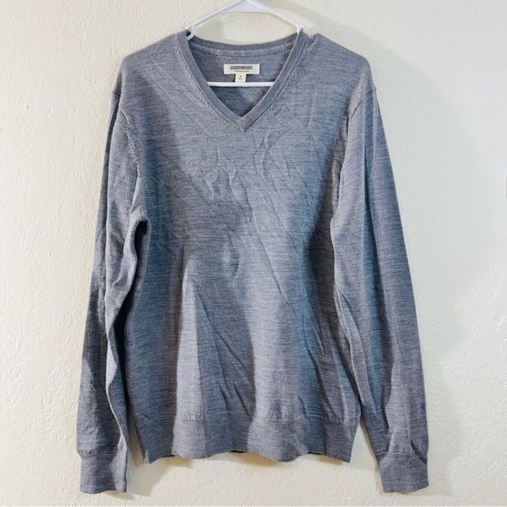 GoodThreads Merino Wool V-Neck Long Sleeve Sweater Men Size M Gray Lightweight
